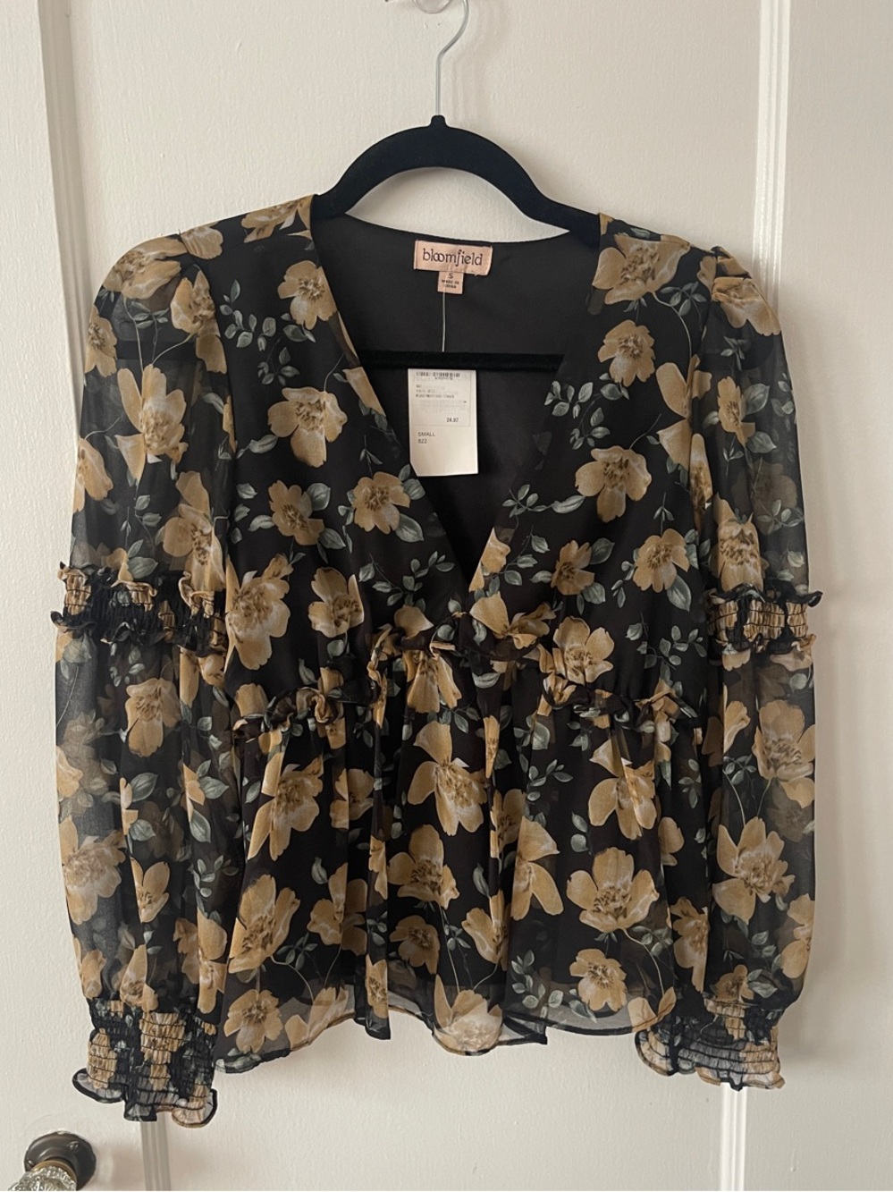 Bloomfield Black Floral Ruffle Chiffon V-Neck Peplum Blouse